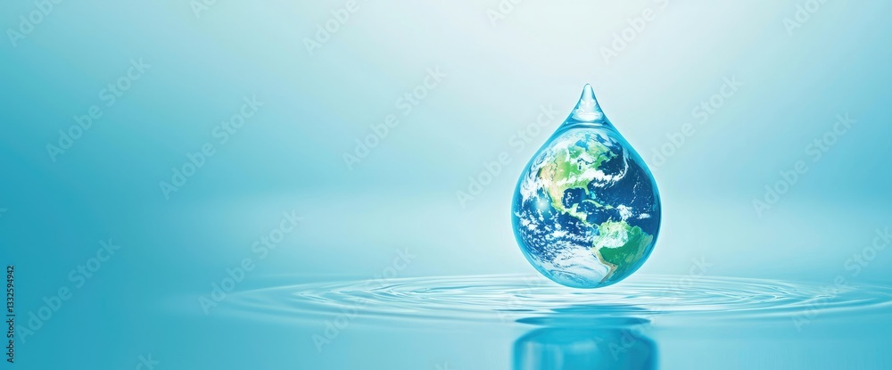 Fototapeta premium A transparent water droplet encasing Earth floats above rippling water, symbolizing global water conservation. Ideal for World Water Day, sustainability campaigns, and environmental awareness