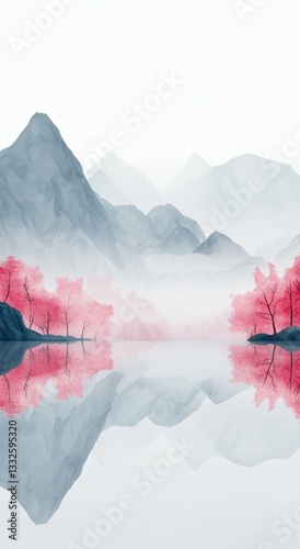 pastel painting mystical foggy japanese landscape phone hd wallpaper, sakura trees over a calm lake with misty mountains in soft pink and gray tones