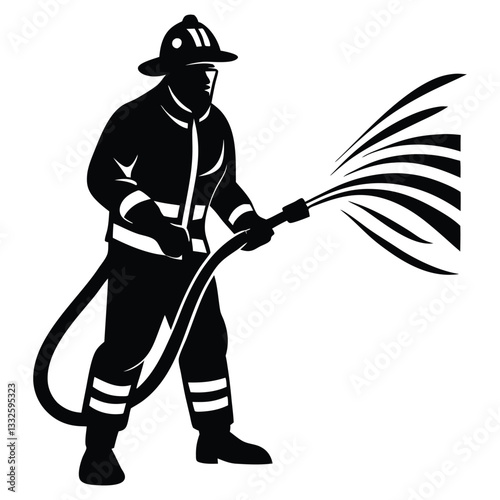 Firefighter in full gear silhouette vector illustration design, Firefighter Silhouette Holding Hose Vector Graphic Essential Emergency Response