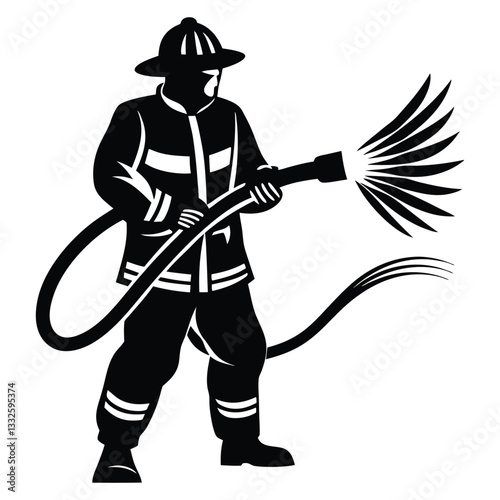Firefighter in full gear silhouette vector illustration design, Firefighter Silhouette Holding Hose Vector Graphic Essential Emergency Response