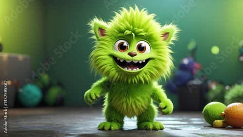 Bright green, fuzzy cartoon monster.