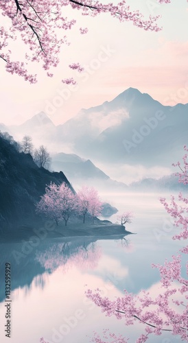 pastel painting mystical foggy japanese landscape phone hd wallpaper, sakura trees over a calm lake with misty mountains in soft pink and gray tones