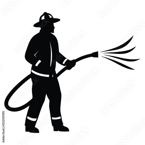 Firefighter in full gear silhouette vector illustration design, Firefighter Silhouette Holding Hose Vector Graphic Essential Emergency Response