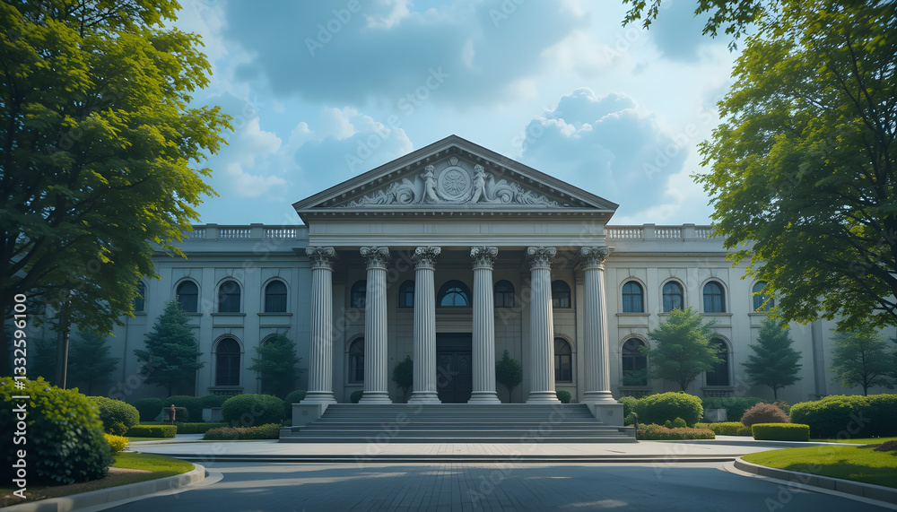 Obraz premium Historic Neoclassical Building in Urban Cityscape During Serene Sunset