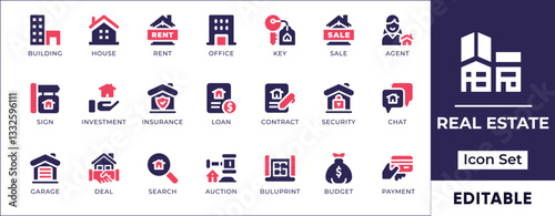 Flat real estate icon set featuring home buying, renting, property investment, mortgage, realtors, land, housing market, and real estate business icons.