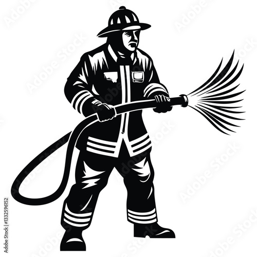 Firefighter in full gear silhouette vector illustration design, Firefighter Silhouette Holding Hose Vector Graphic Essential Emergency Response