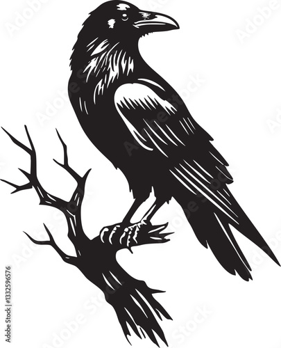 Black Raven on Branch Vector Outline