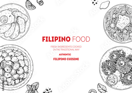 Filipino food top view vector illustration. Food menu design template. Hand drawn sketch. Filipino food menu. Vintage style.