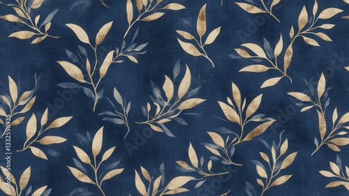 Elegant Gold and Blue Leaf Pattern on Textured Background