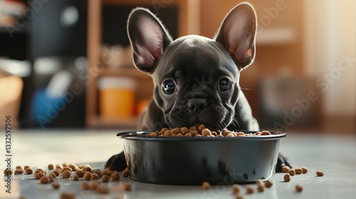French Bulldog puppy eagerly eating from a bowl, surrounded by scattered kibble on a clean, bright floor