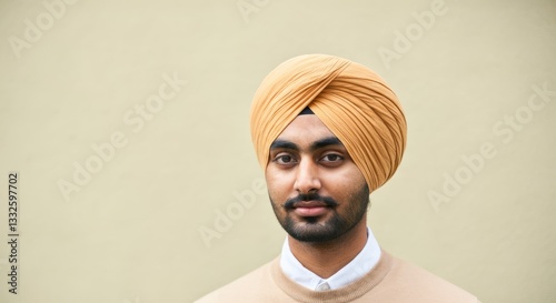 Young adult asian male with turban and beard smiling against neutral background