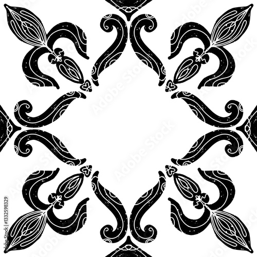 Intricate black pattern with symmetrical ornamental pattern in linocut style. Grunge texture tile shape. vector element