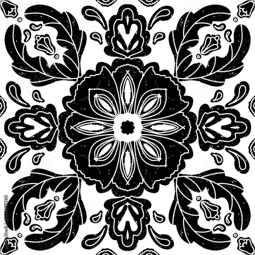 Intricate black pattern with symmetrical ornamental pattern in linocut style. Grunge texture tile shape. vector element