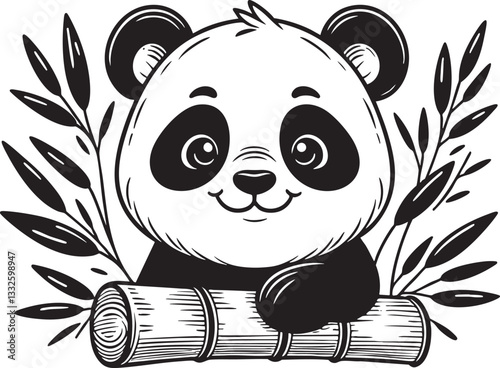 Cute Panda Bear with Bamboo Black Vector