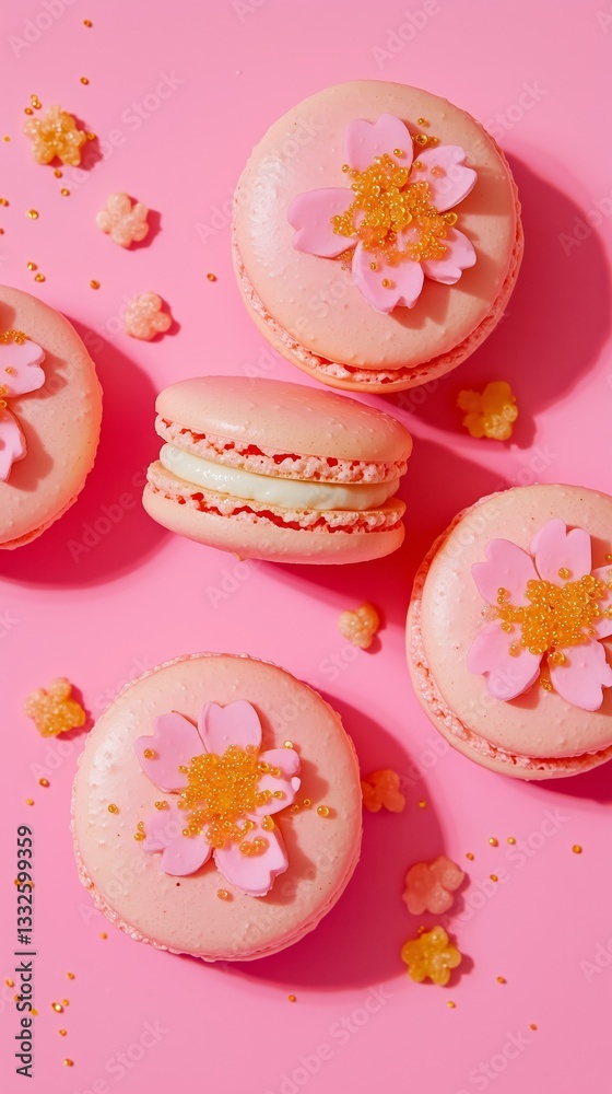 delicate arrangement of cherry blossom-shaped macarons with soft pink shells and intricate floral details. Each macaron is filled with a smooth, creamy vanilla filling delicate arrangement of cherry blossom-shaped macarons with soft pink shells and intricate floral details. Each macaron is filled with a smooth, creamy vanilla filling