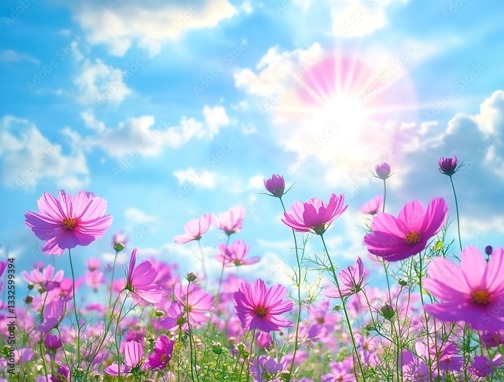Pink cosmos flowers in full bloom, with the sun shining brightly against a blue sky background. Pink cosmos flowers in full bloom, with the sun shining brightly against a blue sky background.