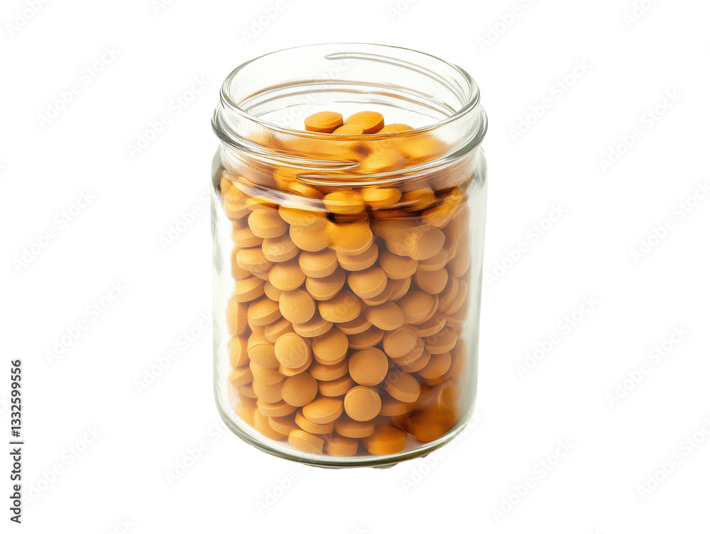 Isolated Close-up of Amber Pills in a Clear Glass Jar Isolated Close-up of Amber Pills in a Clear Glass Jar