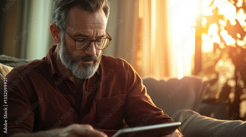 Middle aged man with glasses using a digital tablet relaxing at home during sunset Middle aged man with glasses using a digital tablet relaxing at home during sunset