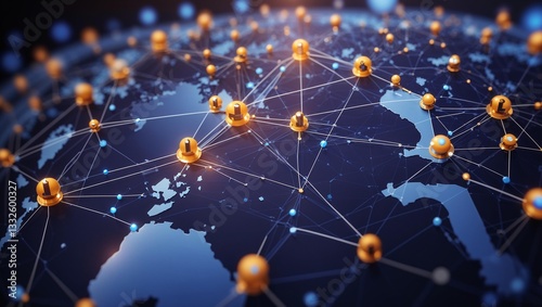A stylized earth is overlaid with network lines and gold node points, representing global communication. This image is used to represent the 'Global communication network concept'.