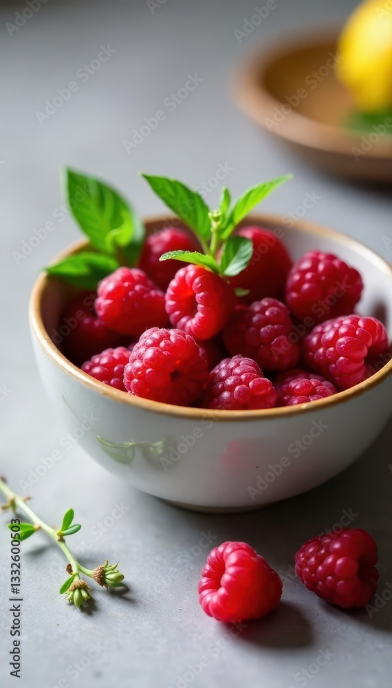 Bowl of raspberries garnished with lemon balm sprigs , dessert, drink Bowl of raspberries garnished with lemon balm sprigs , dessert, drink