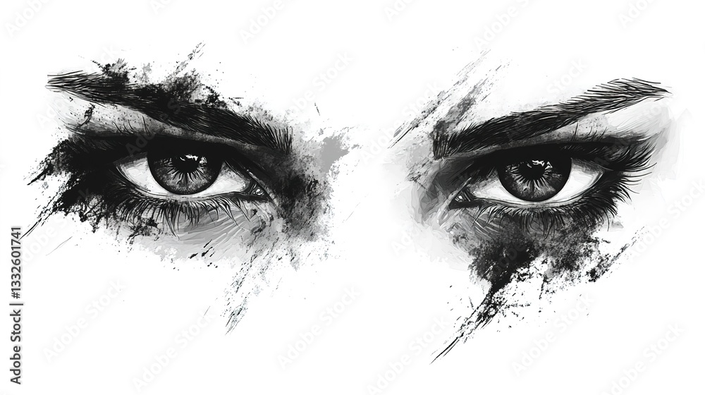 Fototapeta premium Vector illustration of two eyes, ink on paper, white background, high contrast, high resolution, all details in black and gray.