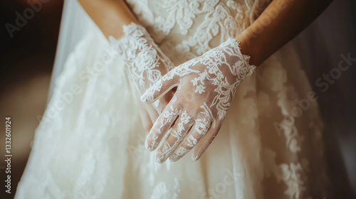 The bride is in a white fluffy wedding dress with a corset bodice in lace gloves on her hands. Lucky day
