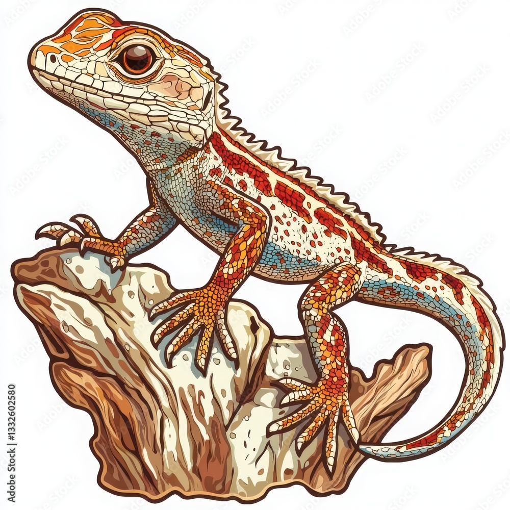 Naklejka premium Vibrant lizard perched on a weathered rock, showcasing intricate details and striking colors. A captivating illustration.