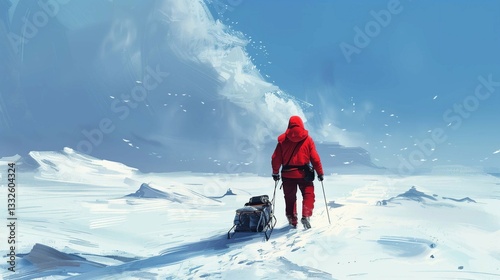 An explorer in a bright red jacket walking across a snow-covered landscape with a sled and equipment, illustration..