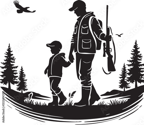 Father and Son Hunting Vector Outline