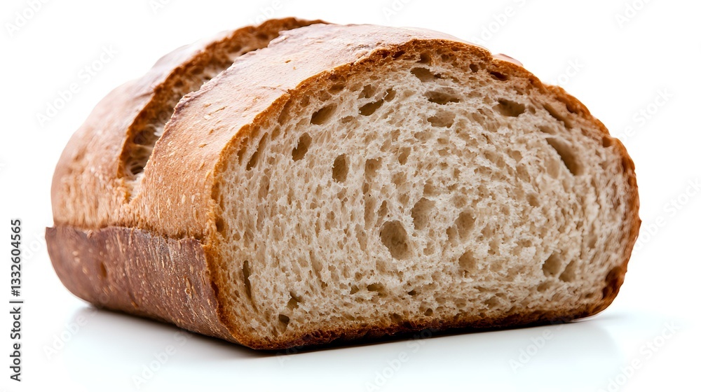 Fresh crusty white bread loaf cut in half showing soft interior crumb texture and golden brown crust on white background, isolated for food packaging design. Fresh crusty white bread loaf cut in half showing soft interior crumb texture and golden brown crust on white background, isolated for food packaging design.