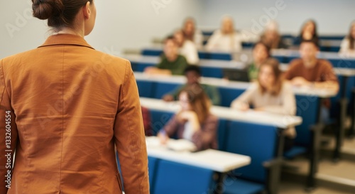 Female lecturer leading classroom discussion with diverse students in university setting