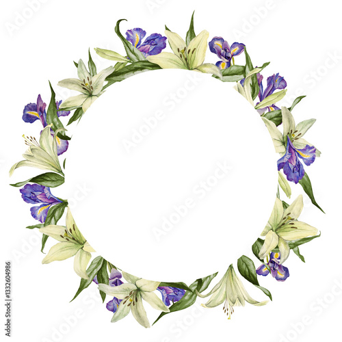 Wreath of flowers white lily and blue iris. Beautiful circle frame with watercolor elements, template for wedding invitation, greeting cards and décor.