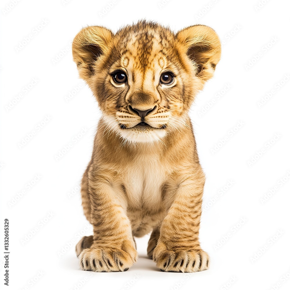 Photo of Curious young Lion cub isolated on white background Photo of Curious young Lion cub isolated on white background