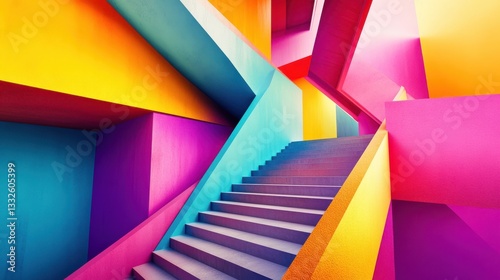 Wallpaper Mural Abstract staircase surrounded by vibrant geometric shapes in various colors. Perfect for modern designs, artistic concepts, or architectural presentations. Torontodigital.ca