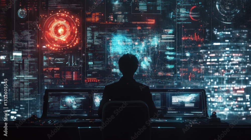 Obraz premium Cybersecurity Analyst Monitoring Global Network
