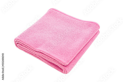 Pink microfiber cleaning cloth folded neatly on white background. Isolated closeup of soft fabric for dusting and wiping. Ai generative