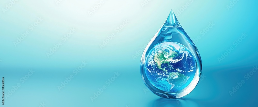 A transparent water droplet encases Earth, symbolizing global water conservation and sustainability. Ideal for World Water Day, environmental awareness, and eco-friendly initiatives