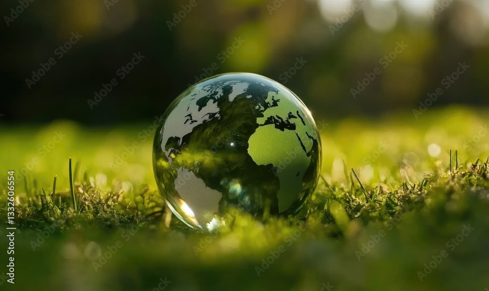A transparent glass globe rests on vibrant green grass, reflecting nature and symbolizing sustainability and conservation. Ideal for Earth Day, eco-awareness, and environmental campaigns A transparent glass globe rests on vibrant green grass, reflecting nature and symbolizing sustainability and conservation. Ideal for Earth Day, eco-awareness, and environmental campaigns