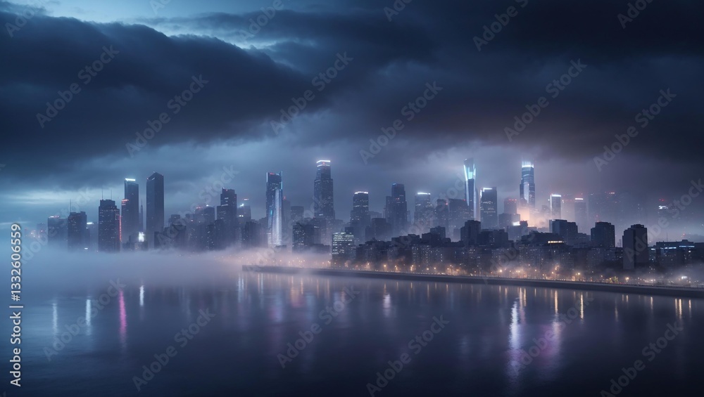 Naklejka premium A nighttime cityscape is shrouded in mist. Tall skyscrapers emerge from the fog, reflecting on the water below.