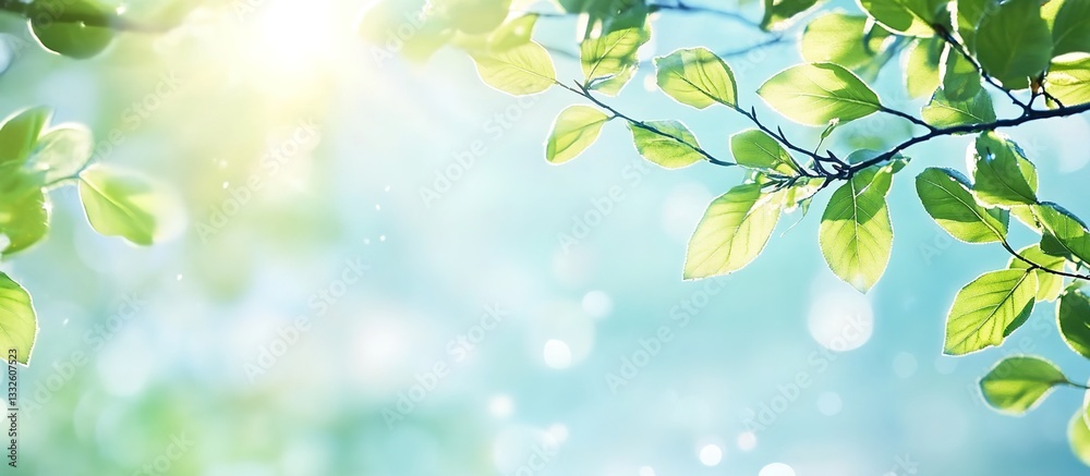 Spring background with blurred nature, green leaves, and sun rays on a blue sky. This spring border design has copy space for text, creating a fresh spring concept and a banner template. Spring background with blurred nature, green leaves, and sun rays on a blue sky. This spring border design has copy space for text, creating a fresh spring concept and a banner template.