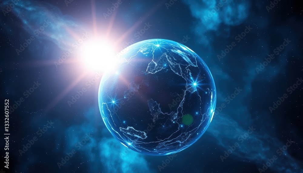 Obraz premium Celestial Event, Diamond Planet, Outer Space, Digital Art, Neon Blue, Bright Viewpoint, Pulsar Reflection