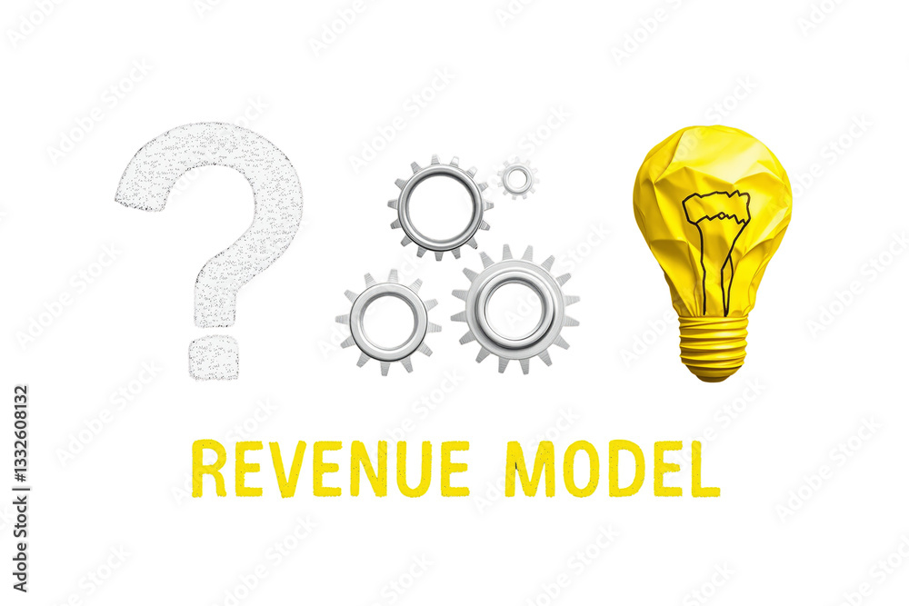 Question mark, metallic gears, and crumpled yellow paper lightbulb on a white background. Concept of revenue model and business innovation. Ai generative Question mark, metallic gears, and crumpled yellow paper lightbulb on a white background. Concept of revenue model and business innovation. Ai generative