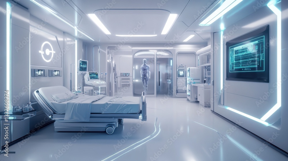 Futuristic hospital room with high tech AI technology equipment Generative AI Futuristic hospital room with high tech AI technology equipment Generative AI