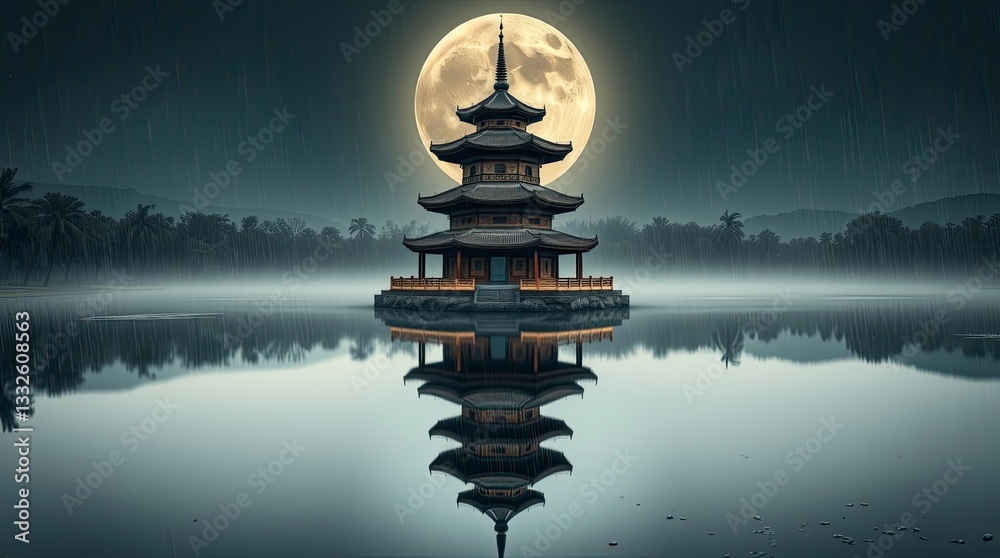 Obraz premium Serene Pagoda Lake Moonlit Night Rain Peaceful Asian Temple
