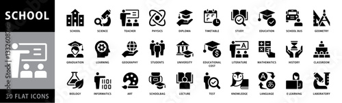 School Flat Style icon set. With concepts like study, graduation, schhol bus, calssroom, learning, Education and Teacher icons. Solid icon set. Vector illustration