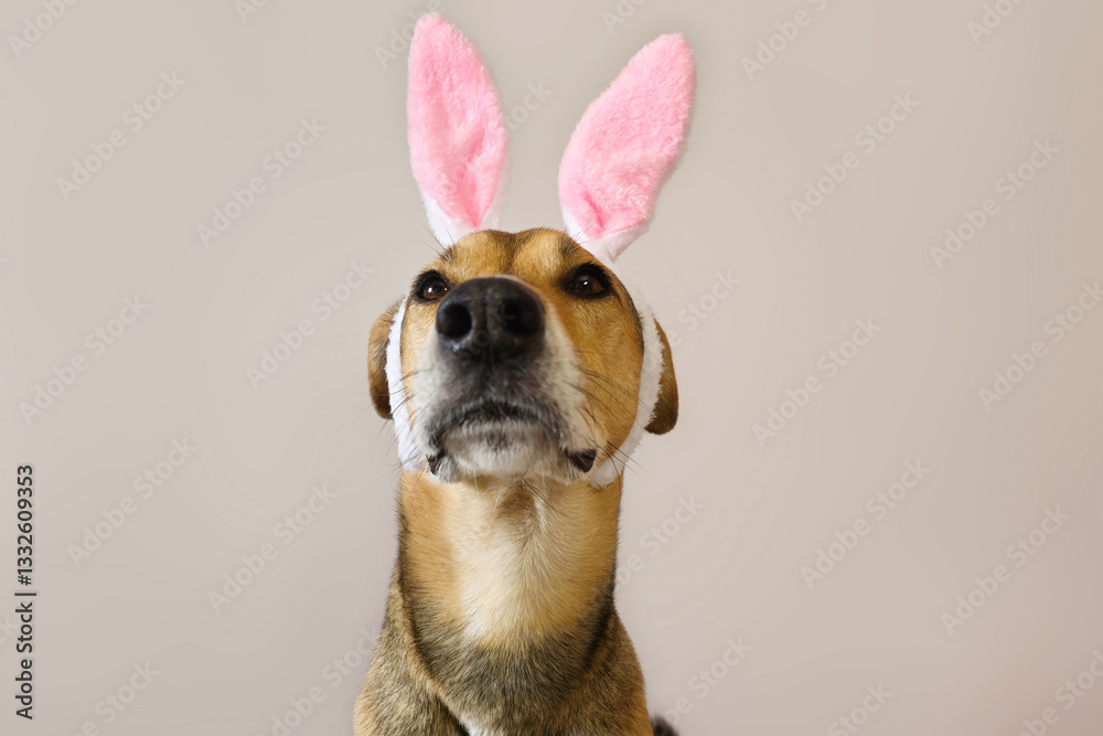 Obraz premium dog looking up, Funny mongrel dog in bunny ears costume sits with his head up and looks above, pet in pink fluffy ears celebrating spring