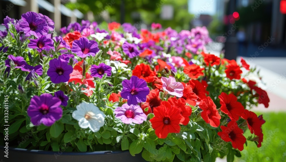 Bright and Colorful Flower Bed Saturated with Vibrant Petunias in an Urban Setting During a Sunny Day Bright and Colorful Flower Bed Saturated with Vibrant Petunias in an Urban Setting During a Sunny Day