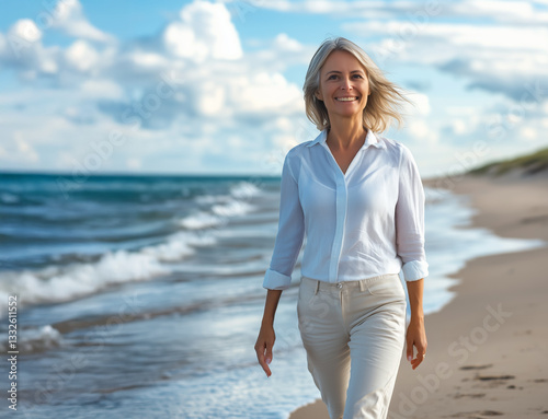 a middle aged woman walks along the seashore