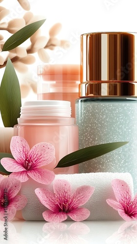 Elegant skincare products with floral accents.
