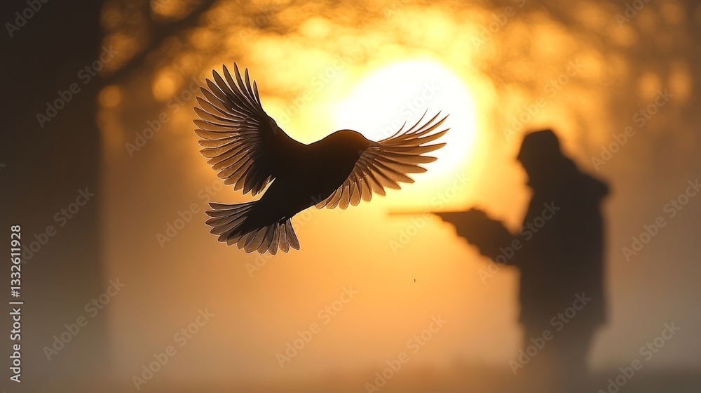Obraz premium A hunter stands poised with a shotgun, silhouetted against the glowing sunrise, as a bird takes flight through the fog